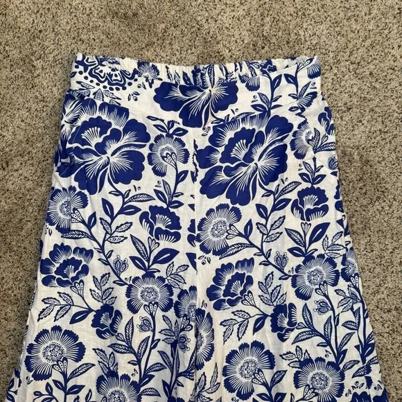 Rachel Zoe Linen Blend Wide Leg Flowy Floral Pants Blue & White Size S Beach - Picture 7 of 13